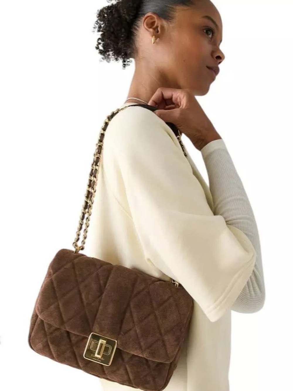 kate spade Quilted Brown Suede Shoulder Bag with Gold Chain